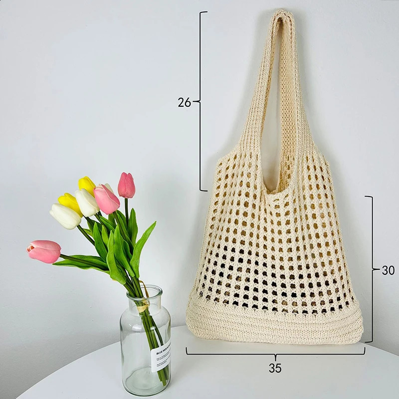 Vintage Hollow n Woven Women Shoulder Bag Knitting Large Capacity Handbags Summer Travel Shopper Tote For Ladies Beach Bags 241227