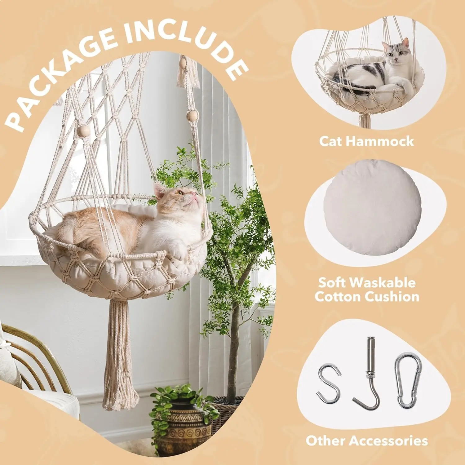 Mewoofun Cat Hammock Handwoven Cat Swing Bed on Wall Hanging Window Perch with Washed Cotton Mat for Indoor Cats 241225