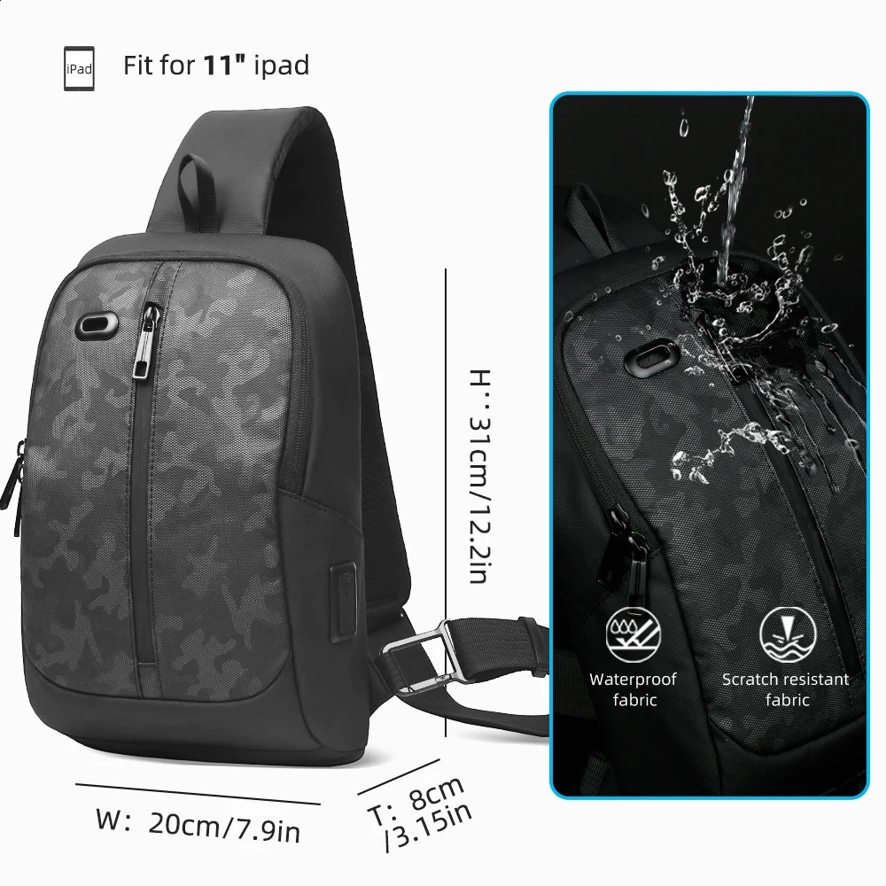 HK Chest Bag Men Anti-thief Crossbody Bag Waterproof Shoulder Bag With USB Charging Short Trip Travel Pack Bag For Male 7118 241228