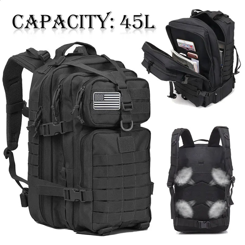 Tactical Backpack 3 Day Assault Pack Molle Bag 45L Large Outdoor Waterproof Hiking Camping Travel 600D Rucksack 241223
