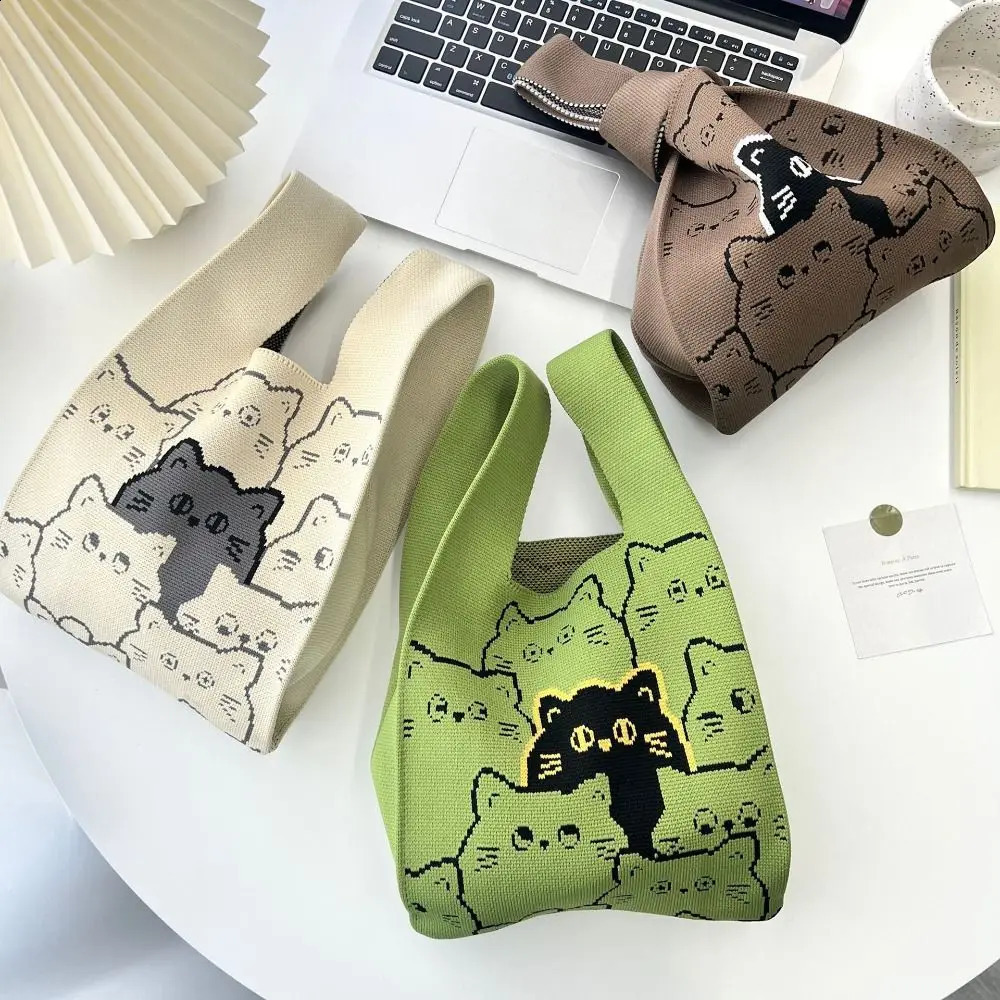 Cat Knit Handbag Casual Handmade Shopping Bags Highcapacity Knot Wrist Bag Girls 241227
