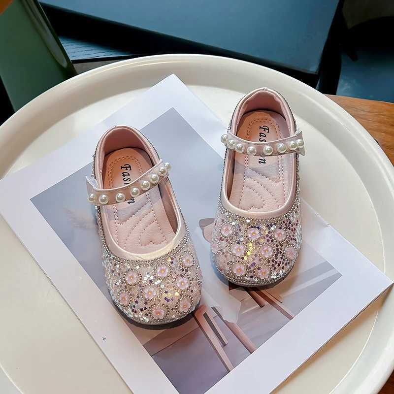 Unishuni Girls Bling Crystal Princess Flats Kids Floral For Dance Shoes Child Soft Mary Janes Baby Girls Pearl Casual Shoes W241228