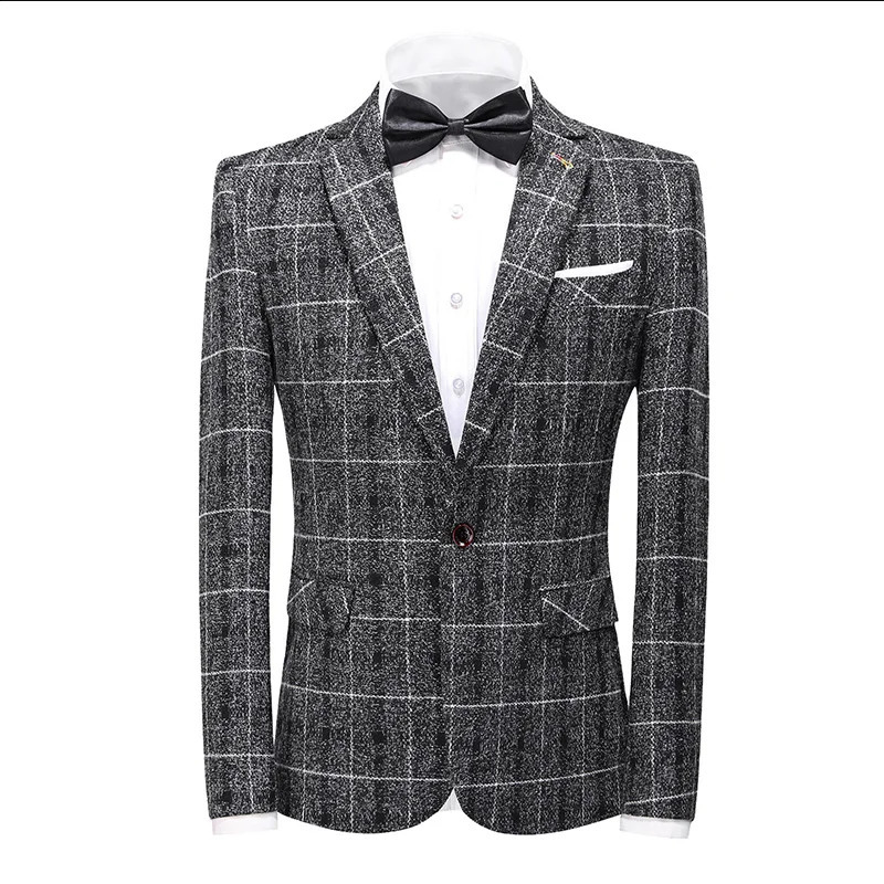 Autumn and Winter Male Cotton Long Sleeve Suit Jacket Black Blue Yellow Fashion Men Business Plaid Coat Slim Fit Dress 241227
