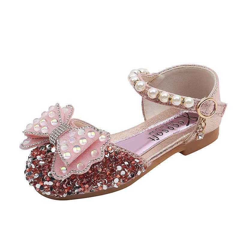 Girls Sequins Princess Flats Summer Childrens Student Dance PU Shoes Pearl Fashion Kids Rhinestone Bow Sandals W241228