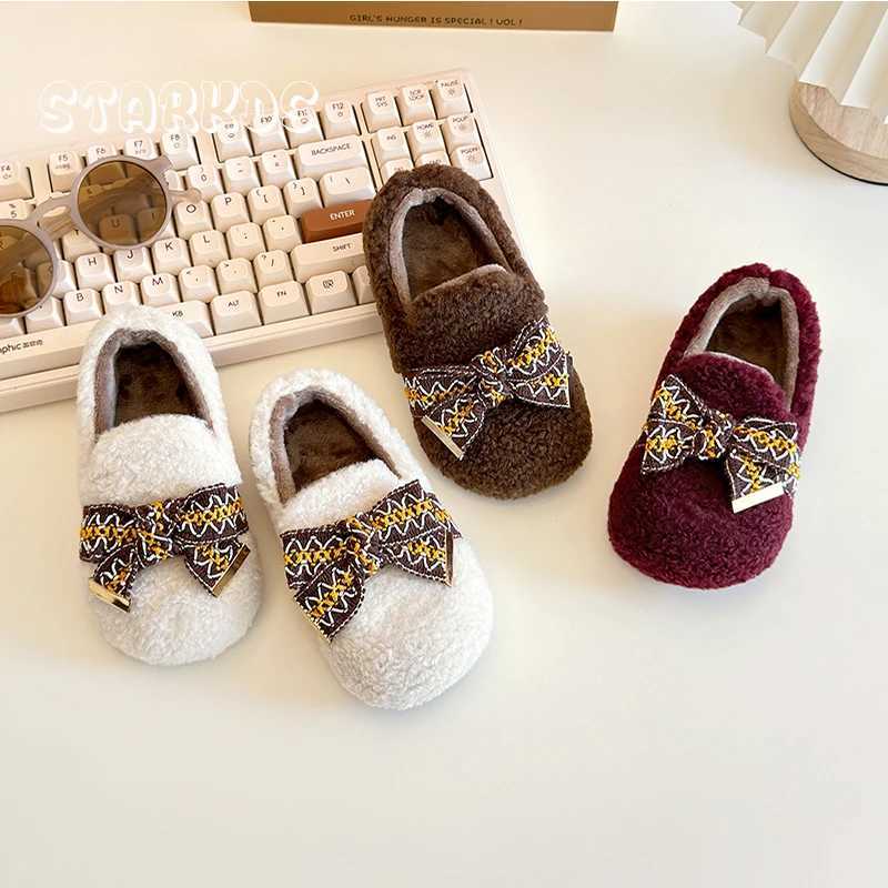 Luxury Bowknot Lambswool Loafer Baby Kid Winter Warm Teddy Fur Flat Shoes Toddler Girl Brand Design Embroider Tape Plush Shoes W241228