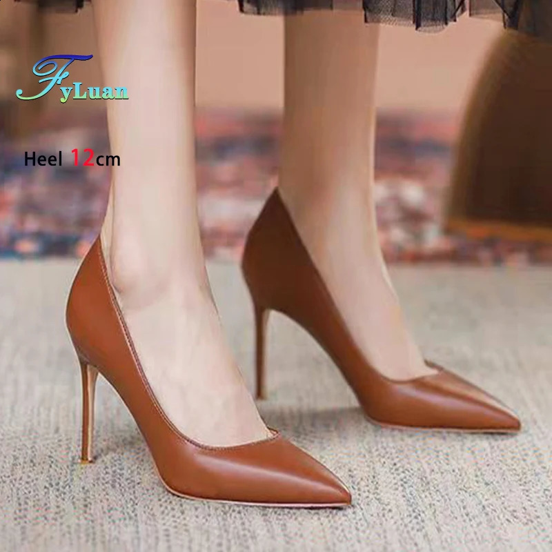 Size 35-45 Ladies Brown High Heels Pointed Elegant Women Shoes All-match 8CM 10CM 12CM Shallow Stiletto Office Party Pumps 241228
