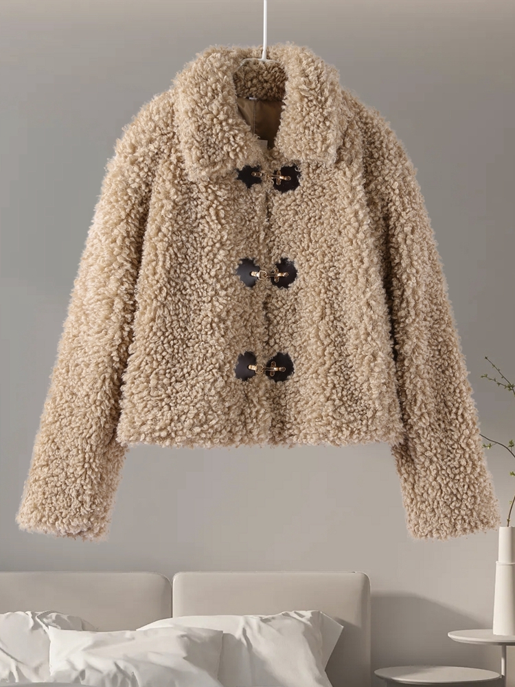 Lamb Wool Double Breasted Women Coat Solid Full Sleeve Lapel Female Jacket Autumn Winter Thicken Lady Overcoat