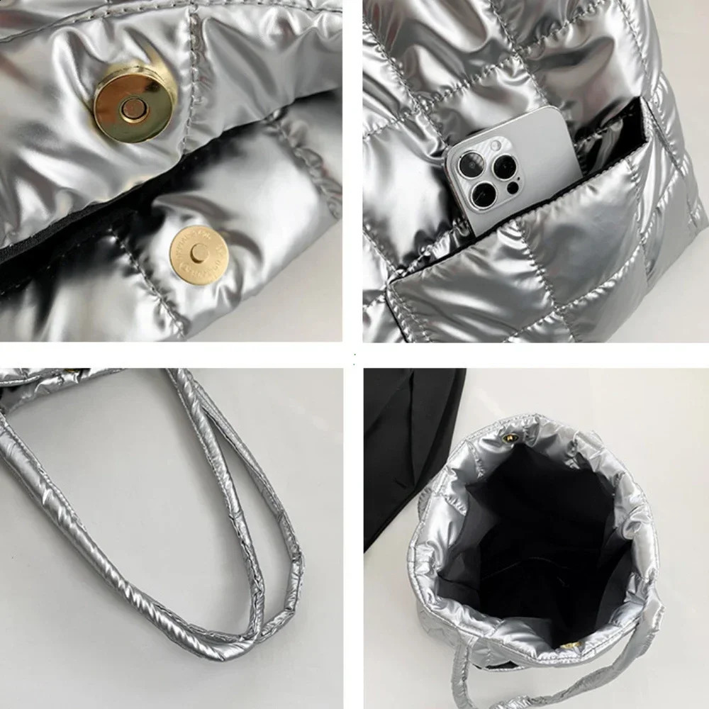 Female Creative Puffer Tote Bag Trendy Soft Down Cotton Padded Shoulder Bag Lightweight Pillow Shopper Bag for Autumn and Winter 241227