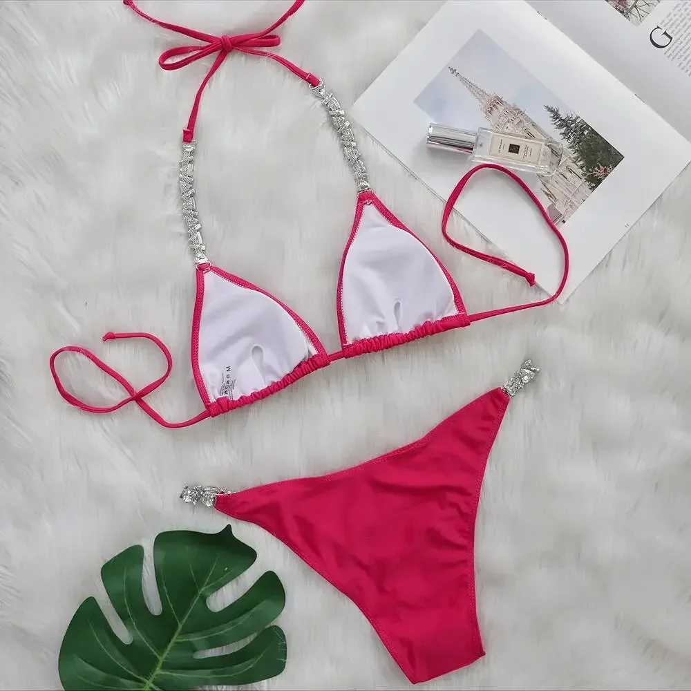 Women's Swimwear Push Up Bikini Female Bandeau Swimsuit 2022 Luxury Rhinestone Bikini Women Diamonds Pink Swimwear Brazilian Bathing Suit J241227