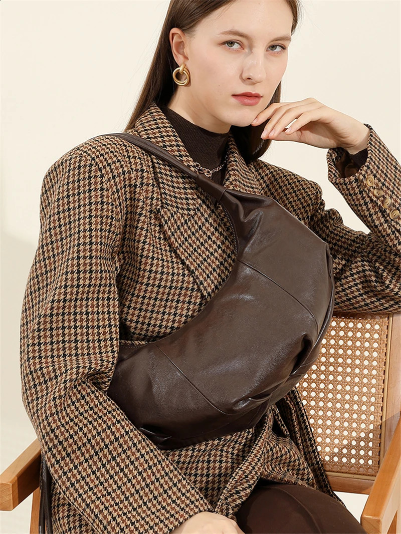 Hifashon Cowhide Genuine Leather Half Moon Large Shoulder Bags For Women 2025 Trend ner Soft Hobo Crossbody Ladies Handbags 241227