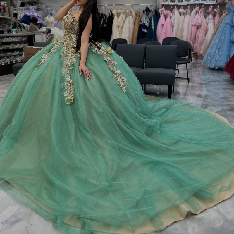 Luxury Green Mexican Quinceanera Dresses Off The Shoulder Applique Flower Beads Tull vestido 15 De Corset Lace Up Sweet 16 Dress