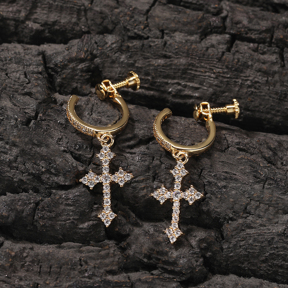 Hip Hop Spiral Buckle Cross Earrings For Men Versatile Street Punk Rock Rapper Ear Ring 14k Gold Prong Cubic Zirconia Nightclub Piercing Earrings Jewe