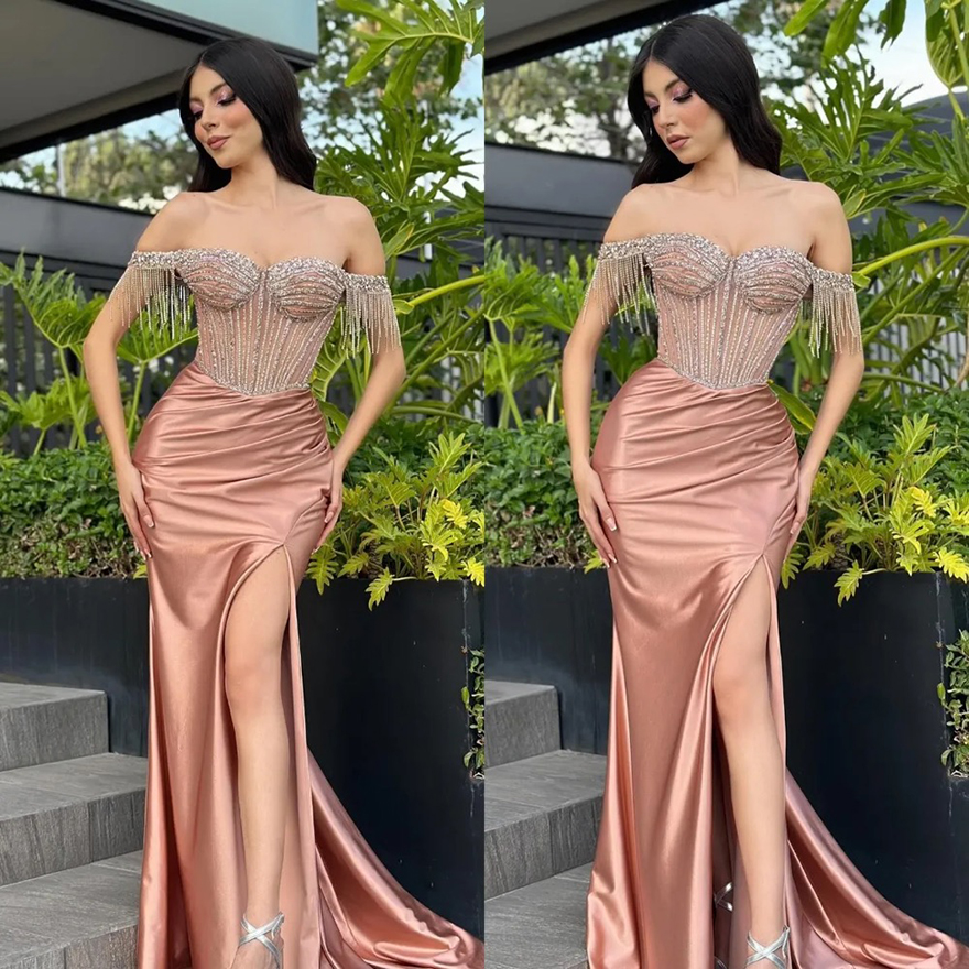 Gold Prom Rosy Dress Crystal Tassels Off Shoulder Evening Dresses Bodice Split Satin Formal Long Special Ocn Party Gown es