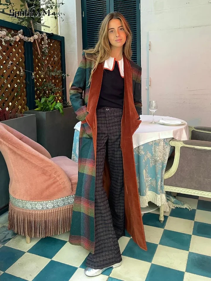 Fashion Plaid Velvet Lapel Overcoats Sleeve Pockets Warm Long Jackets Elegant Lady Single Button Street Outerwears 241227