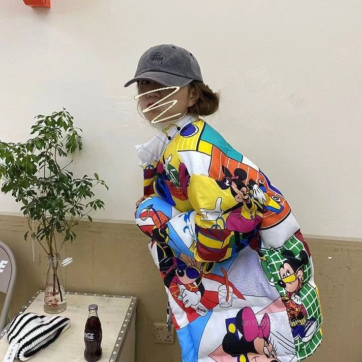 Women's Trendy Winter Cotoon Coat New Korean Version Loose Cartoon Print Jacket Casual Thick Cotton Clothes