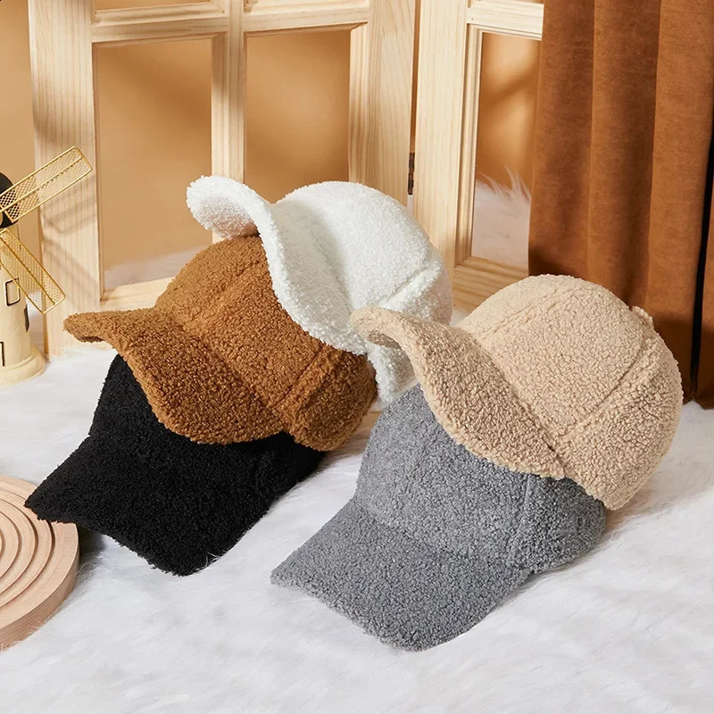 Winter Women Baseball Cap Men Artificial Lamb Wool Duck Tongue Hats Plush Thickened Warm Fashion Solid Velvet Sunshade Hat 241227