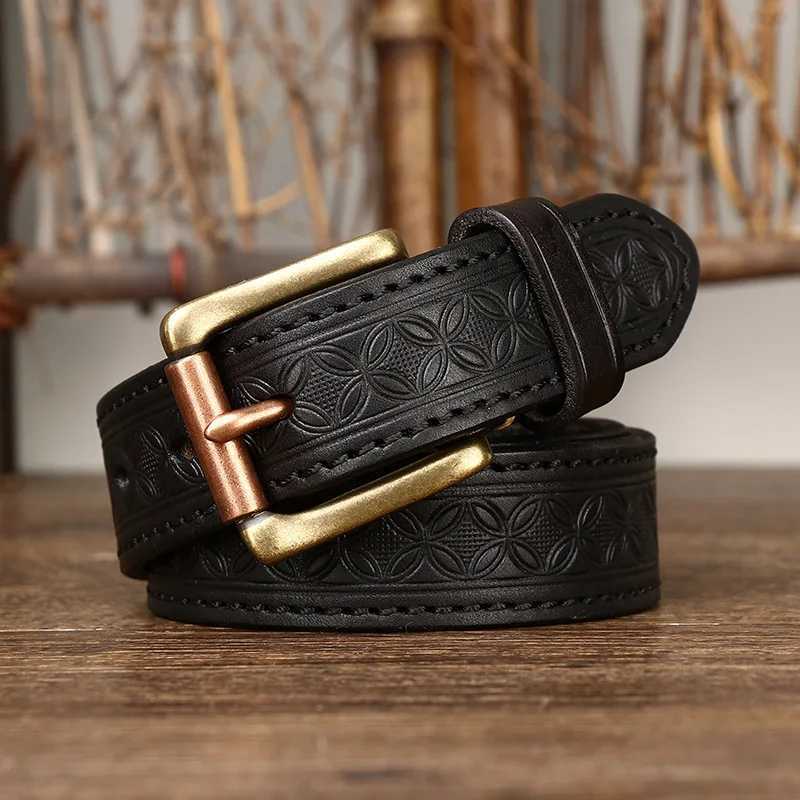 3.3cm grain real denim leather soft denim leather personality lucky totem retro luxury copper buckle mens jeans strap W241228