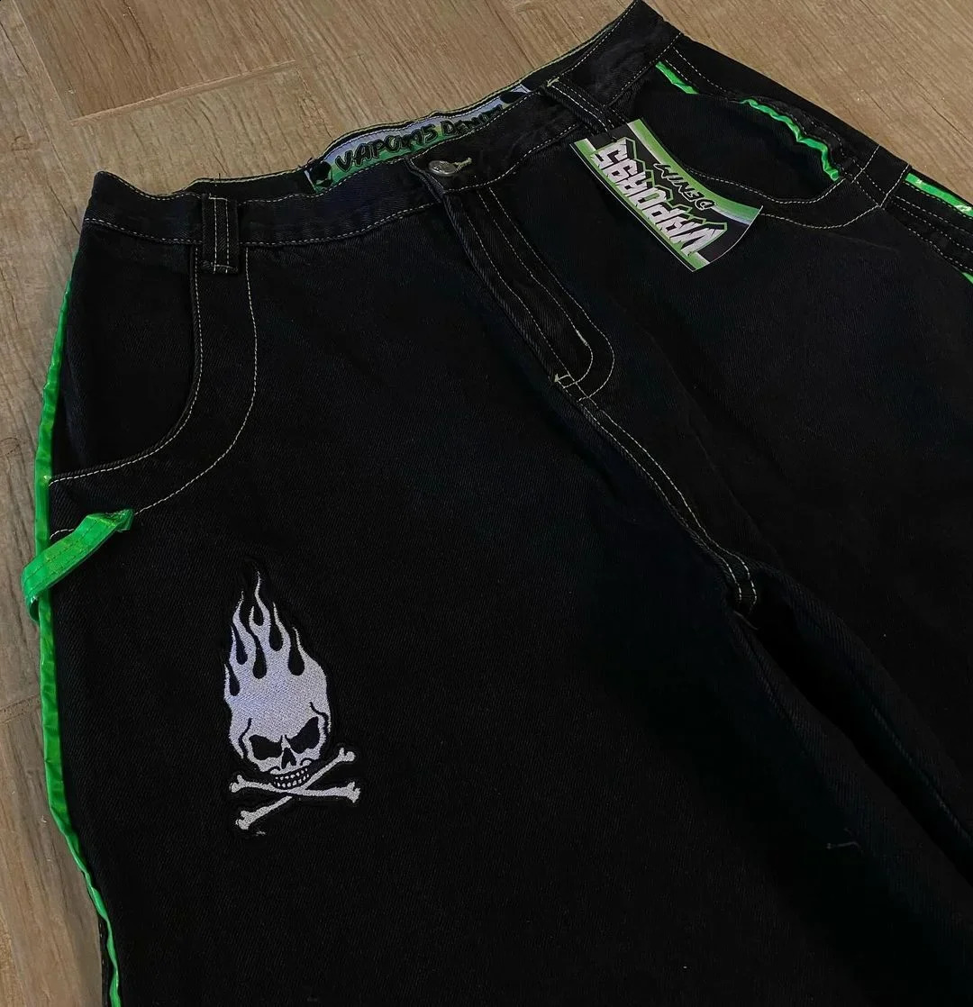 Hiphop high street retro striped skull print washed jeans mens y2k goth grunge trend n waist couple wide leg pants 241228