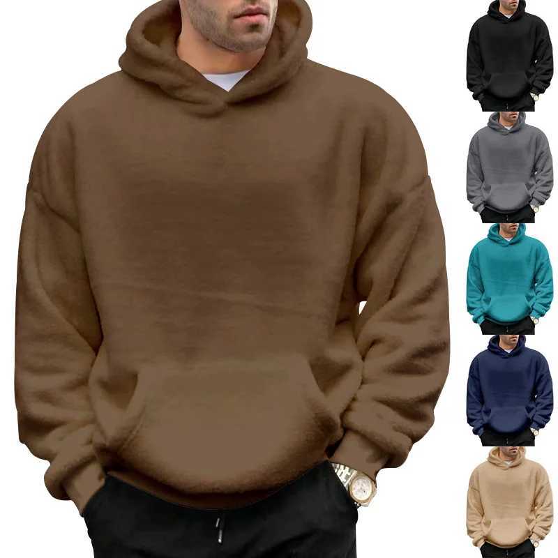 Autumn Winter New Fashion Hoodies Long Sleeve Solid Lamb Wool Sweatshirts Mens Clothing Casual Loose Pockets Korean Trend Tops X241228