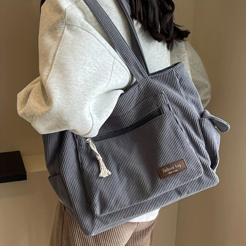 Simple Corduroy Tote Bag Solid Color Shoulder Retro Multi Pockets Handbag For School Work Shopping 241227