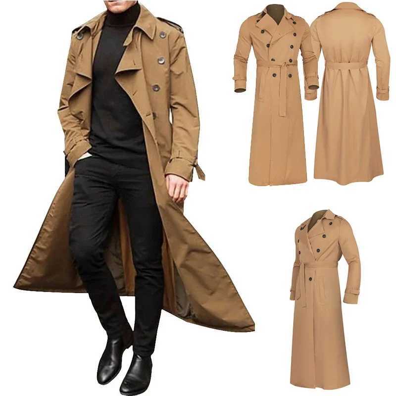 Mens Long Trench Coat Solid Color Long Sleeve Leisure Lapel Button Cardigan Coat Business Commuter Cloak Coat S-2XL W241228