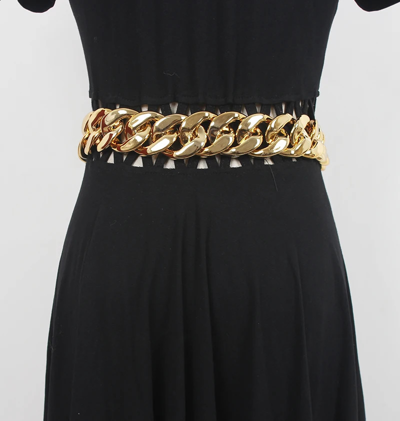 Womens runway fashion gold chain Cummerbunds female Dress coat Corsets Waistband Belts decoration wide belt R3507 241227