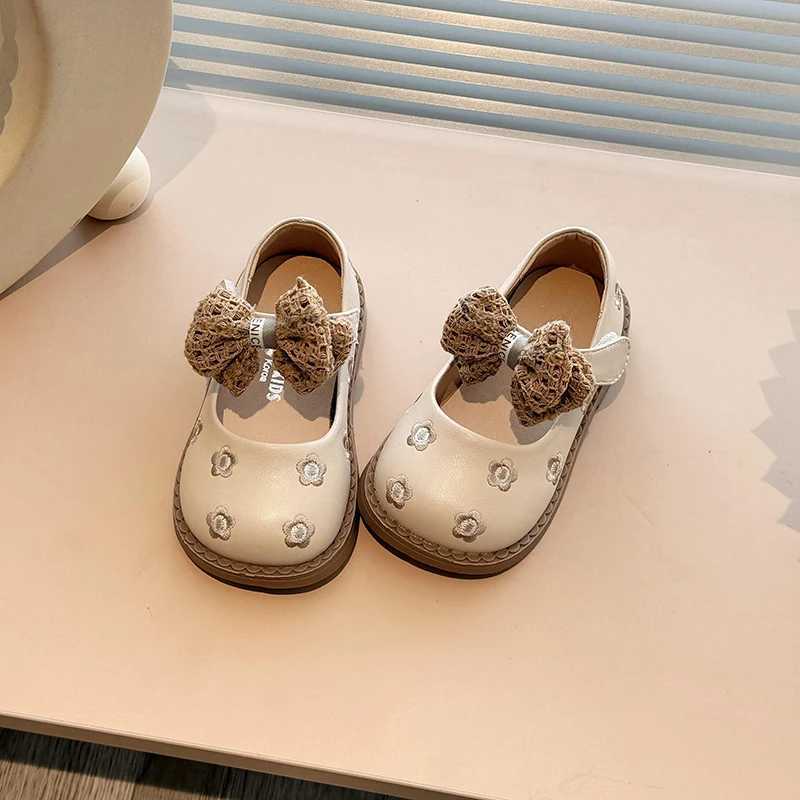 Autumn girl Mary Janes Flloal shallow bow knot classic childrens leather shoes matte Pu leather beige brown childrens flat shoes 21-30 W241228