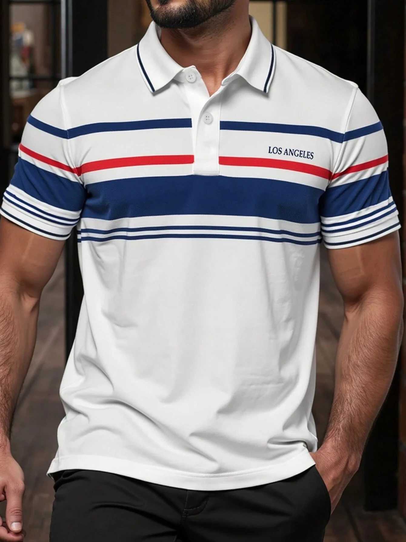 Summer Los Angeles Print Mens Short Sleeve Collar Tshirts Stripe shirt Shirt Breathable Loose Basic Splice Top Men Clothing X241228