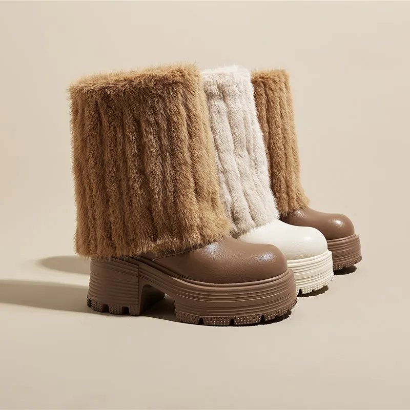 AIYUQI Women's High Heel Boots Wool Platform Women's Middle Boots Genuine Leather Fashion Rider Boots Ladies