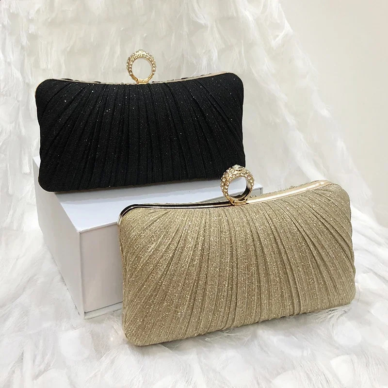 Women Clutch Shoulder Bag Purse for Party Wedding Prom Birthday Long Square Gold Evening Bags Pleated Elegant Handbag 241227