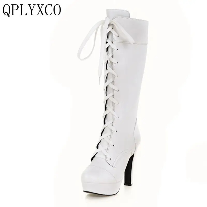 QPLYXCO Plus fashion small big Size 3145 Woman Boots Autumn Winter Warm lace up high Heels long Botas Women Shoes M20 241223