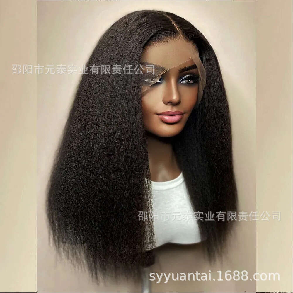 Women's Front Lace Yaki Wig Mid Split Long Straight Hair T Part Chemical Fiber Headband Wigs Kq2 Kq2