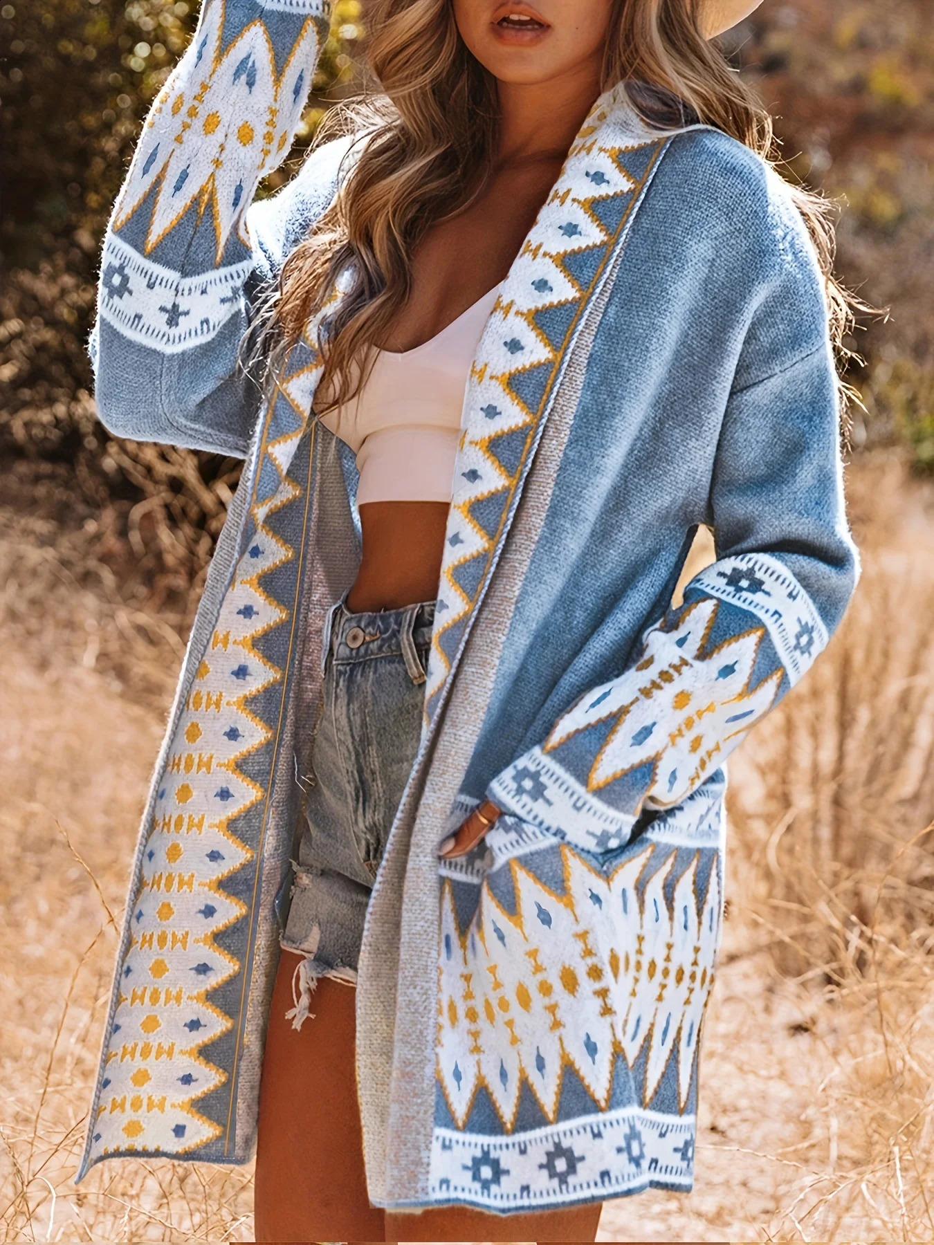 Trendy Aztec Print Cardigan Sweater - Soft Knit Vintage Open Front Long Sleeved Style - Perfect Womens Clothing for Chic Winter 241227