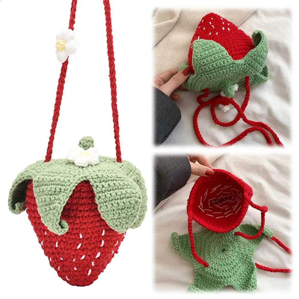 Cute Strawberry Woven Bag Handmade Fashion Cotton Rope Crossbody Knit Sling Purse for Women 241225