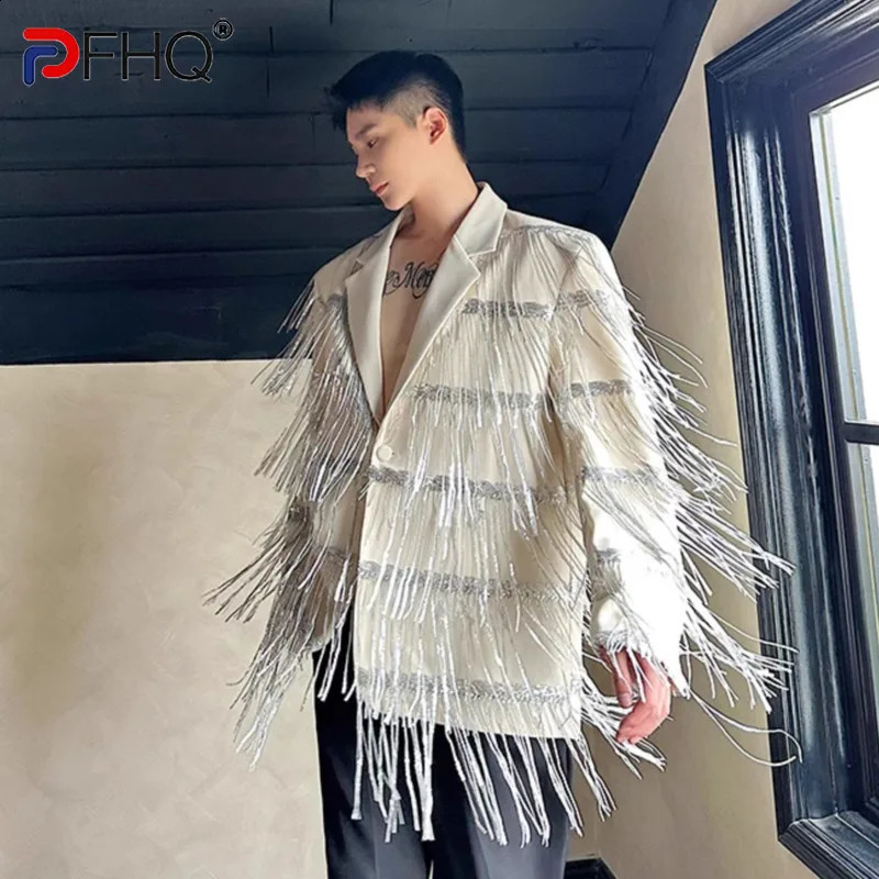 PFHQ autumn and winter personalized tassel sequin double-layer mesh lapel casual suit trendy solid color mens jacket 21Z7021 241227