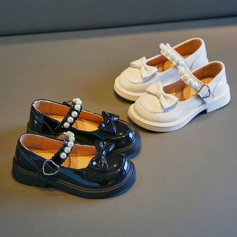 Mary Janes for Girls Spring Pearl Lolita Lovely Bowtie Black White Cover Toe Children Flat Shoes Patent Leather 27-37 Kids Shoe W241228