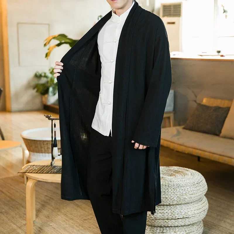 Chinese Style Mens Robe Cloak Loose Linen Cardigan Jacket Fashion Streetwear Solid Color Casual Loose Mid-length Trench Coat W241228