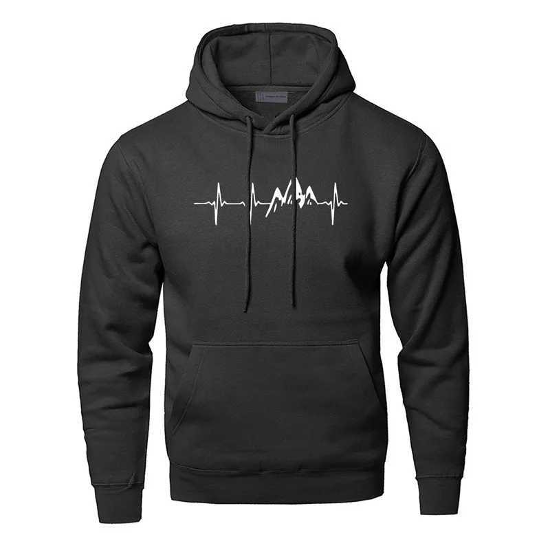 Mens Mountain Heartbeat Printed Hoodie Spring and Autumn Long Sleeve Hoodie Black Grey Hoodie Sportswear X241228