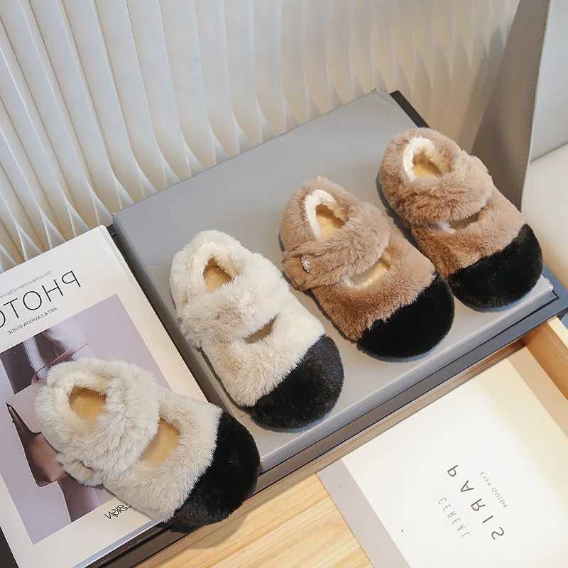 Winter Fur Girls Shoes Fashion Children Princess Flat Shoe Korean Plush Warm Kids Shoe Shallow Mary Janes Chaussure Child Girl W241228