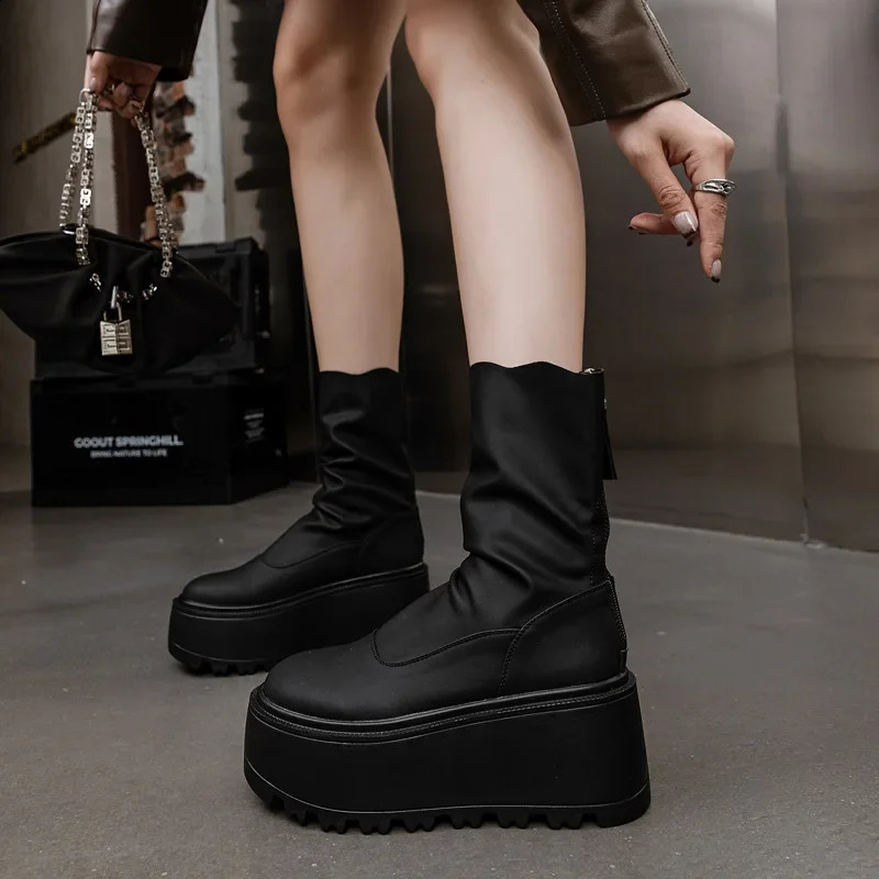 Fujin 8cm Genuine Leather Women High Fashion Pumps Heels White Shoes ZIP Increase Casual Ankle Boots Platform Wedge 241223