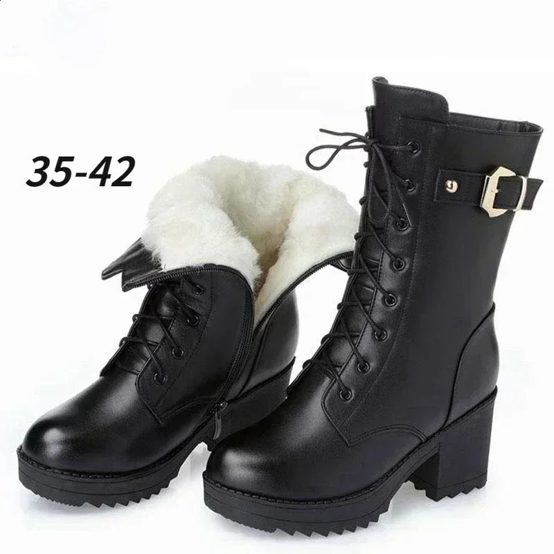 Winter Leather Women Boots Thick Wool Warm Highheeled Genuine Boot Highquality Female Snow Shoes 241223