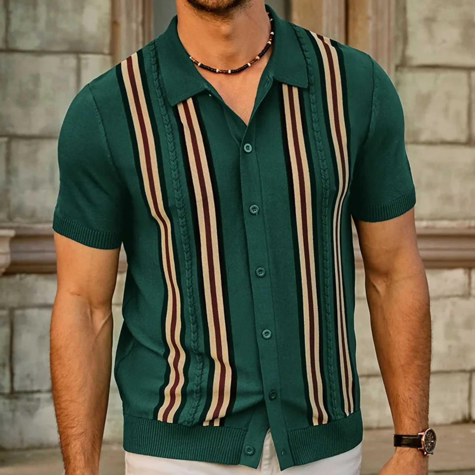 Mens summer green striped short sleeved business shirt shirt mens sweater X241228
