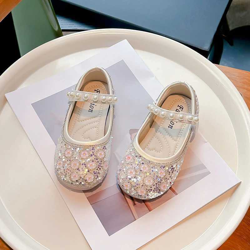 Unishuni Girls Bling Crystal Princess Flats Kids Floral For Dance Shoes Child Soft Mary Janes Baby Girls Pearl Casual Shoes W241228