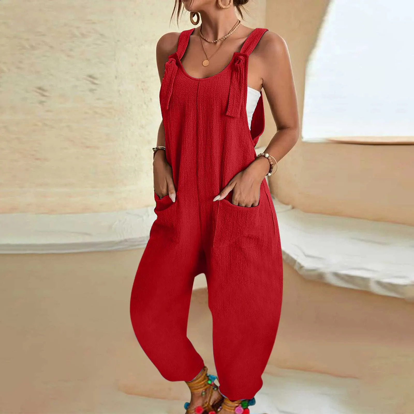 Women Tie Shoulder Overall Casual U Neck Sleeveless Jumpsuits Spaghetti Strap Baggy Overalls Harem Pants With Pocket Suites 241224