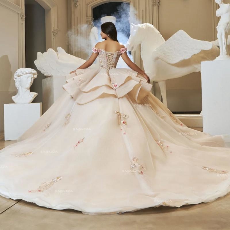Champagne Quinceanera Dresses Ball Gown Off The Shoulder Applique Flower Beading Tull Corset Party Birthday Sweet 16 Vestido De 15 Anos