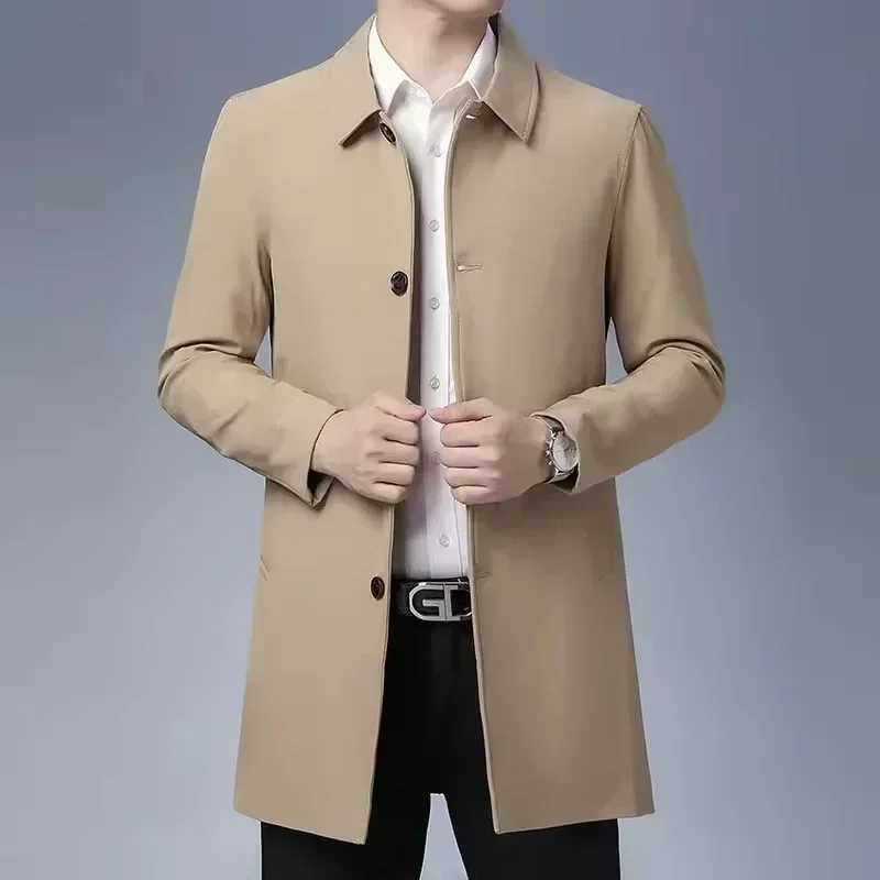 BROWON Brand Business Casual Trench Coats Men Turn-Down Collar Solid Color Long Mens Jacket 2024 Fashion Windbreaker Clothes Men W241228