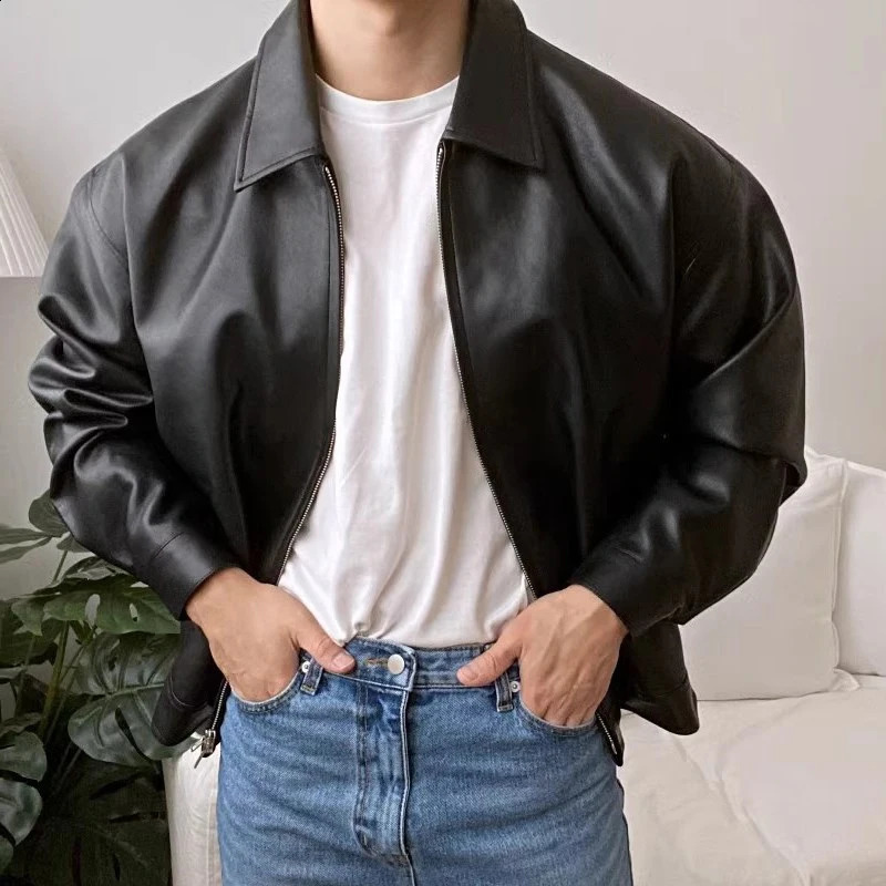 Motorcycle Mens Leather Jacket Coat Fashion Lapel Collar Zipup PU Jackets Men Winter Outdoor Streetwear 241220