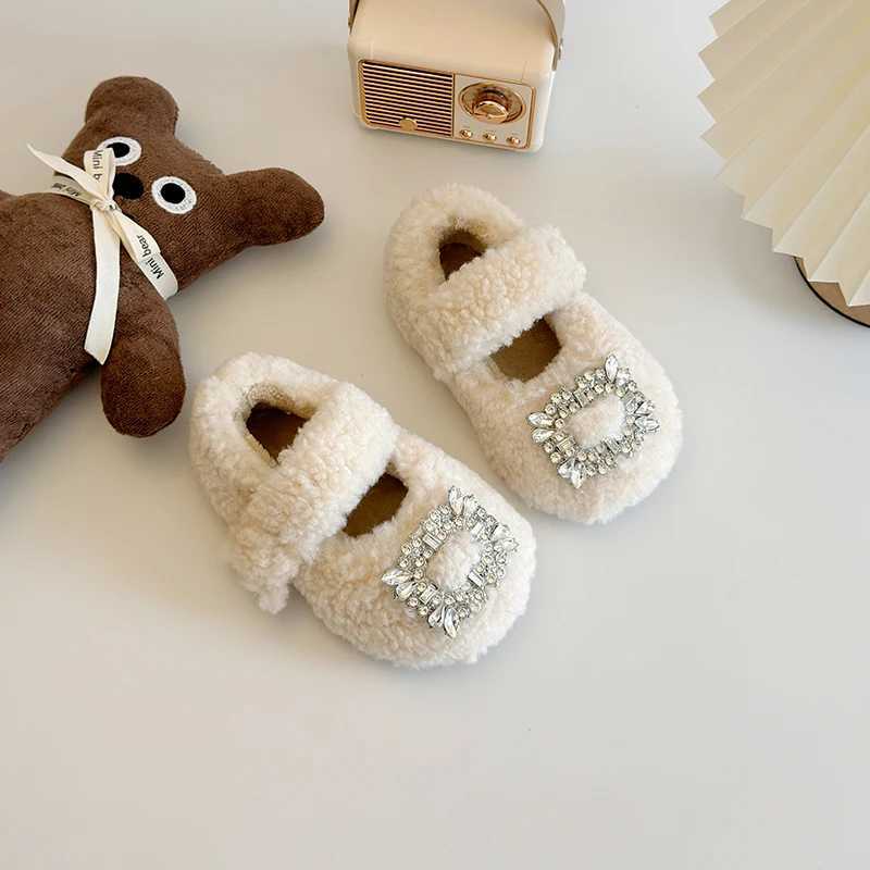 Luxury Crystal Square Buckle Lambswool Ballet Flats Toddler Kids Soft Teddy Fur Mary Janes Baby Girls Brand Design Fluffy Shoes W241228