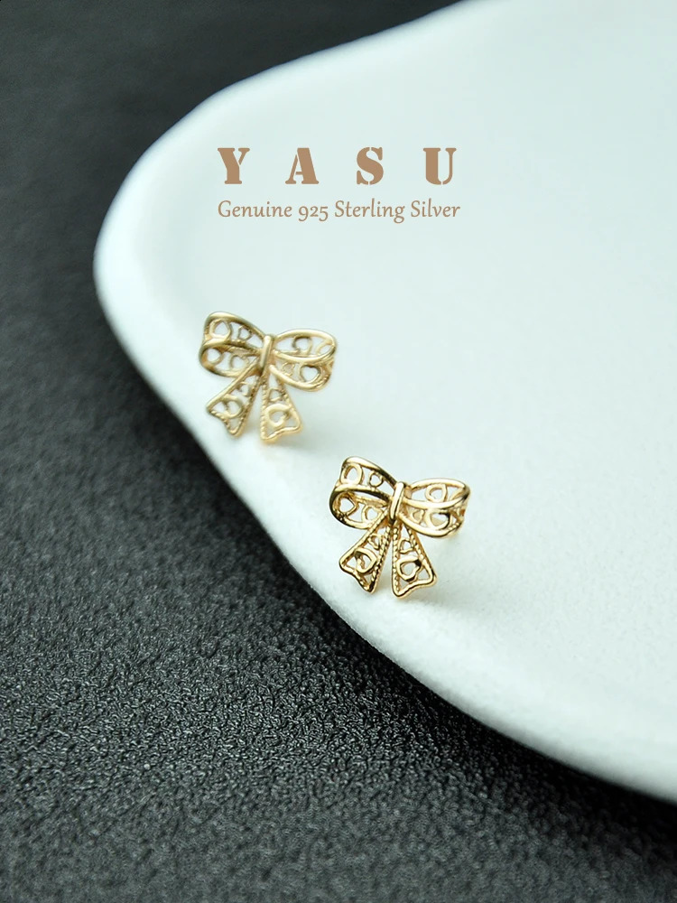 Yasu Genuine 925 Sterling Silver Korean Bowknot Stud Earrings For Women Elegant Hollow Bow Wedding Jewelry Accessories 241226