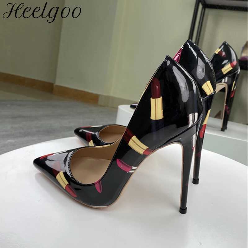 Heelgoo Newly Lipsticker Print Women Glossy Pointy Toe High Heel Black Party Shoes Slip On Stilettos Pumps Plus Size 33-46C241228
